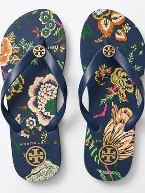 Tory Burch Navy Floral Logo Flip Sandals with Gold Accents